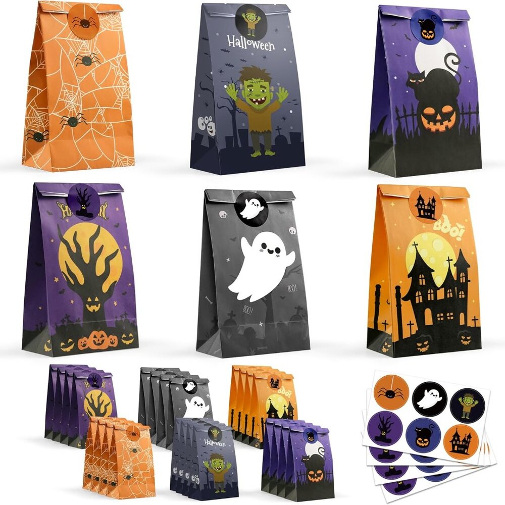NEW Halloween Treat Bags Kids Party 24 Bags with 24 Stickers
